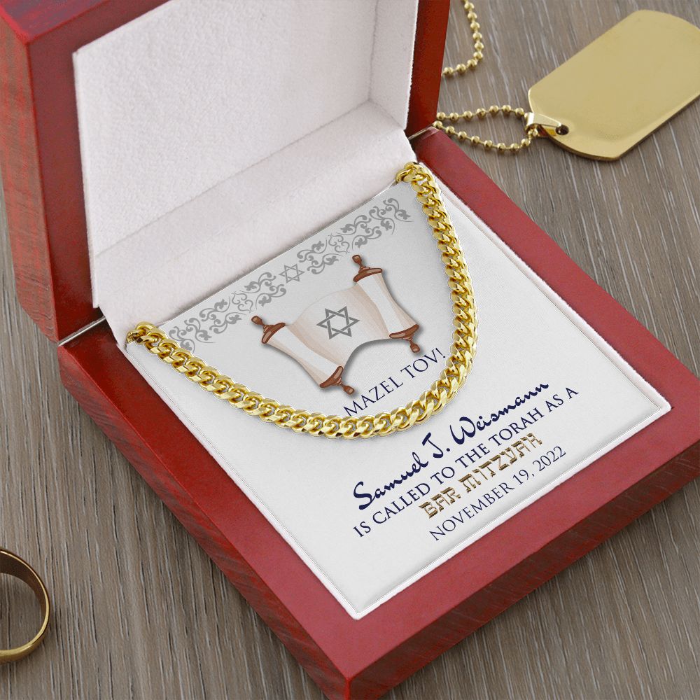 Bar Mitzvah Personalized Message Card Cuban Link Chain