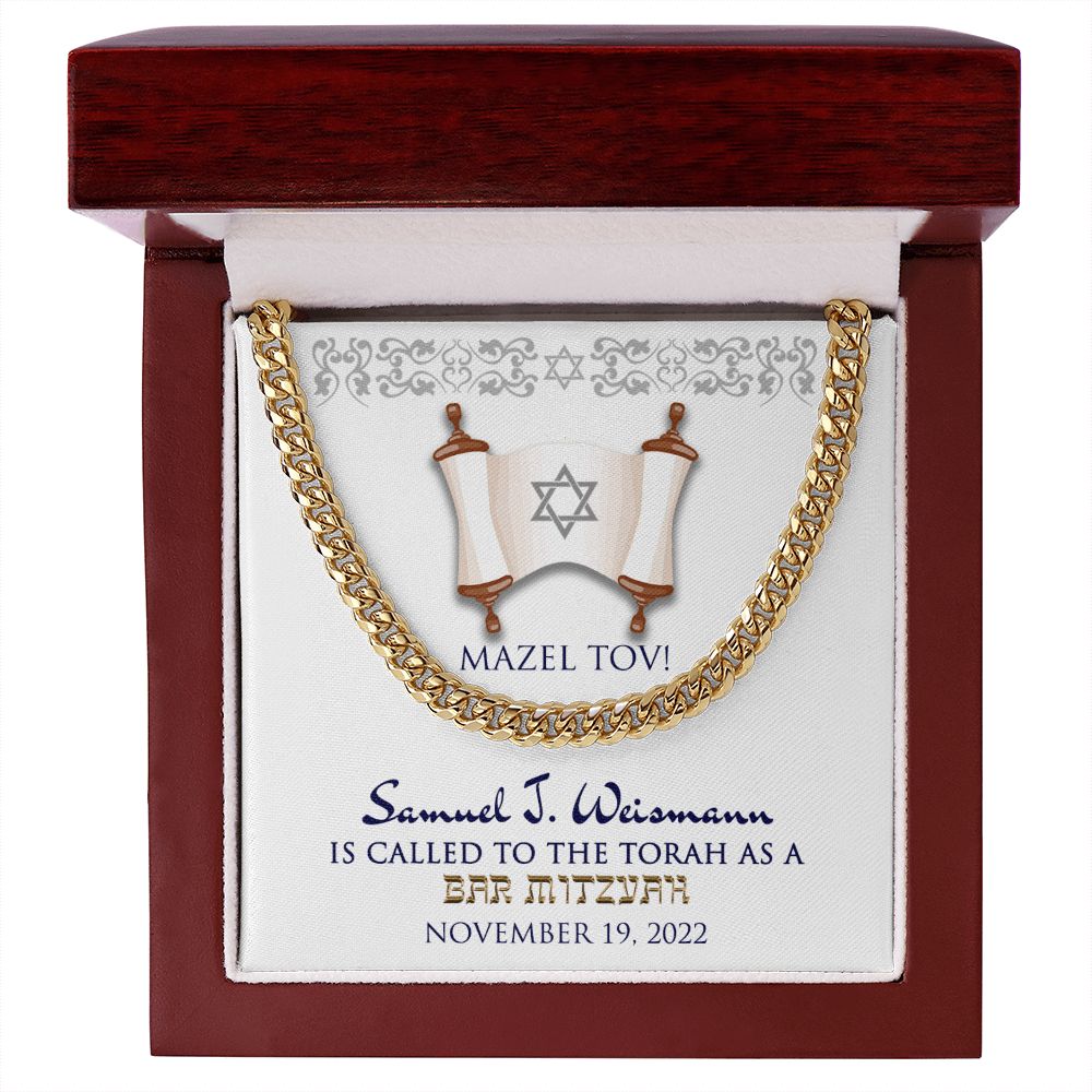 Bar Mitzvah Personalized Message Card Cuban Link Chain