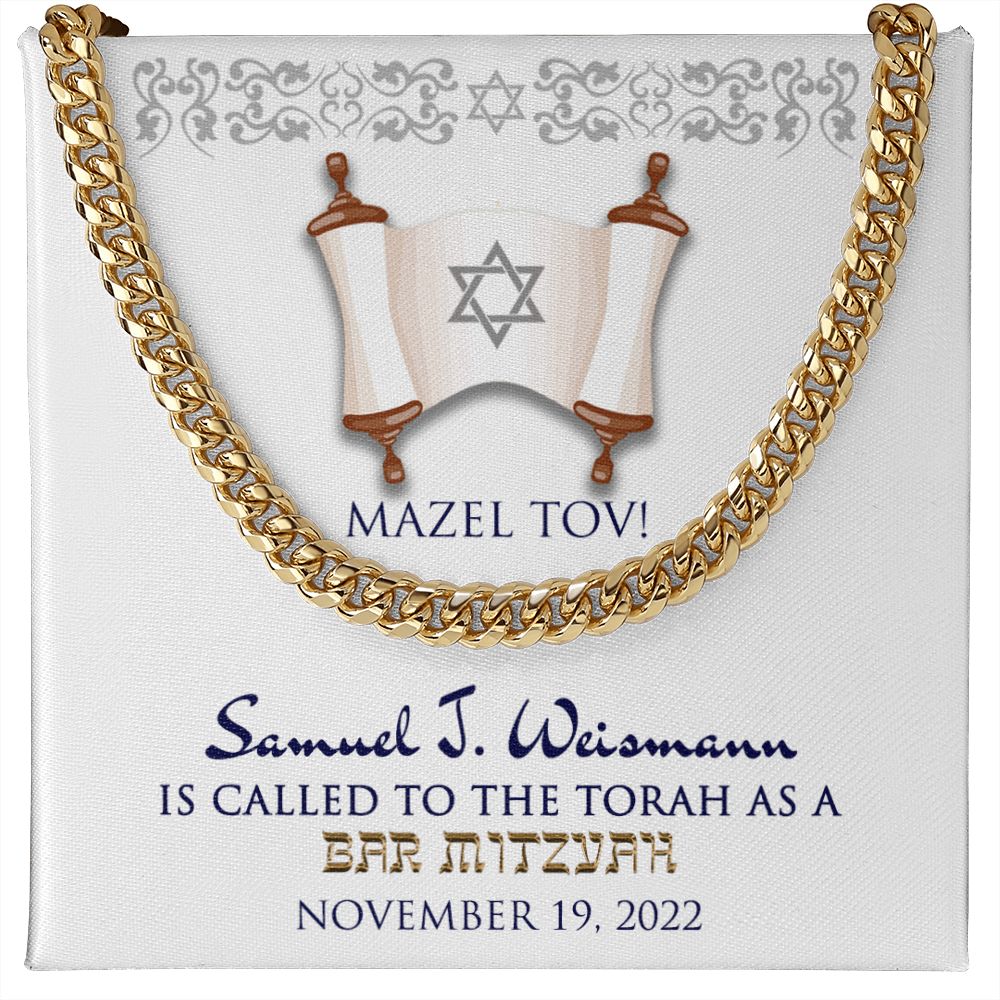 Bar Mitzvah Personalized Message Card Cuban Link Chain