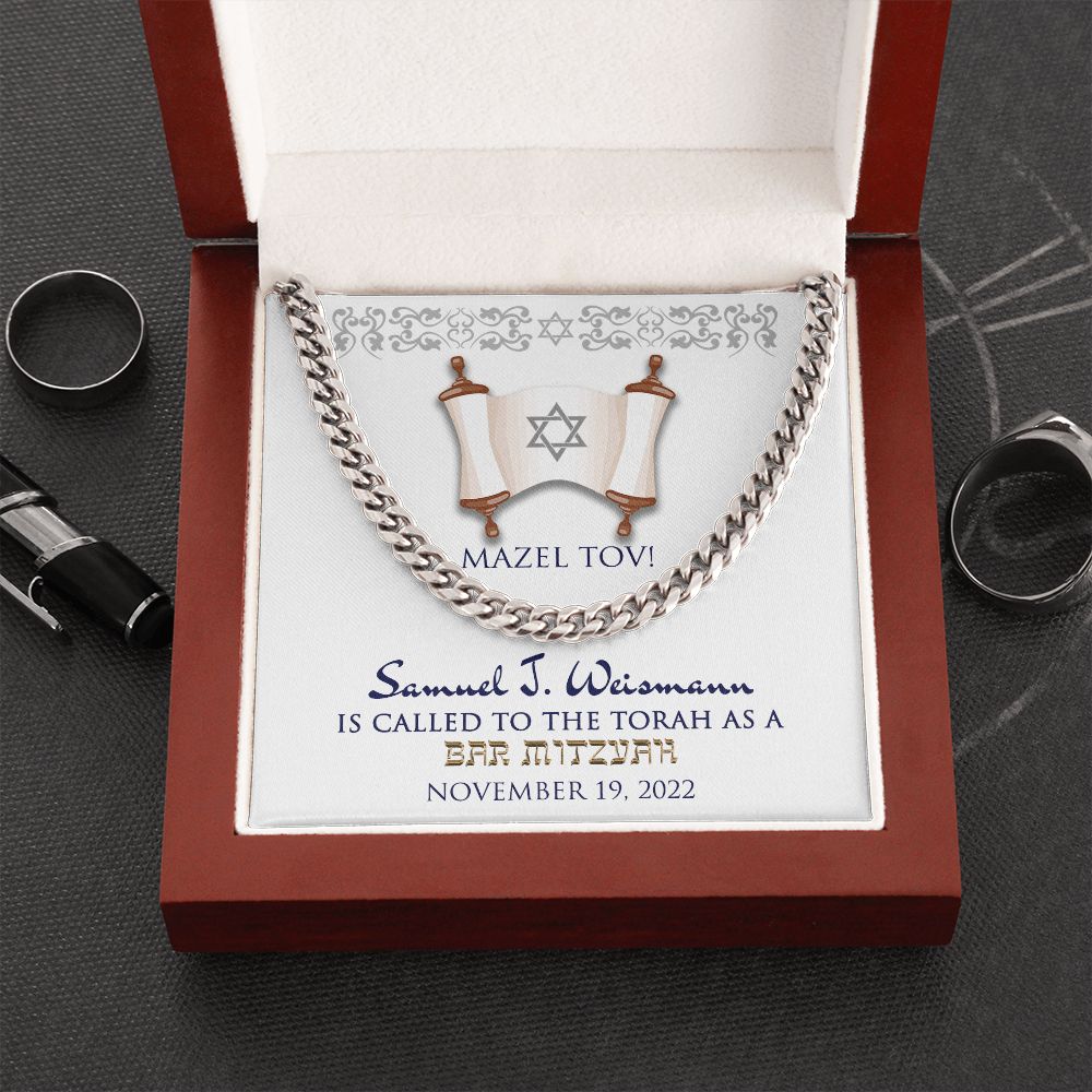 Bar Mitzvah Personalized Message Card Cuban Link Chain