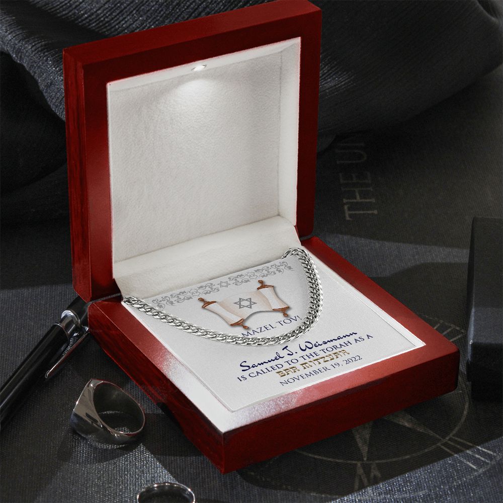 Bar Mitzvah Personalized Message Card Cuban Link Chain