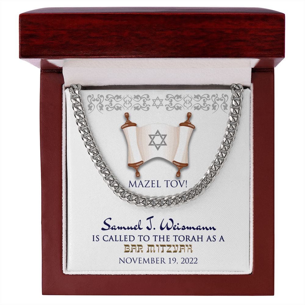 Bar Mitzvah Personalized Message Card Cuban Link Chain