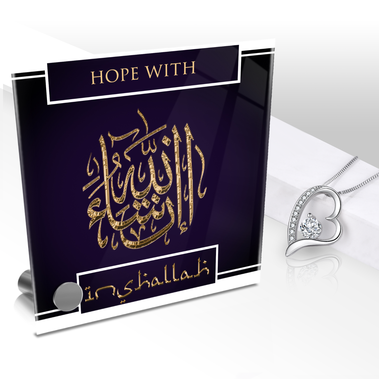 Hope With Inshallah Necklace and Lumen Glass Display