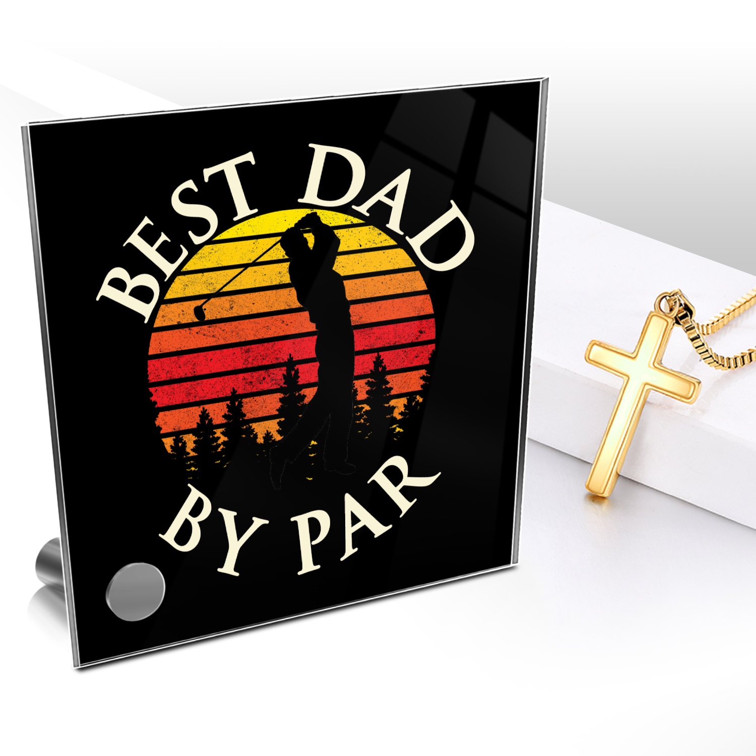 Best Dad by Par Polished Gold Cross With Lumenglass