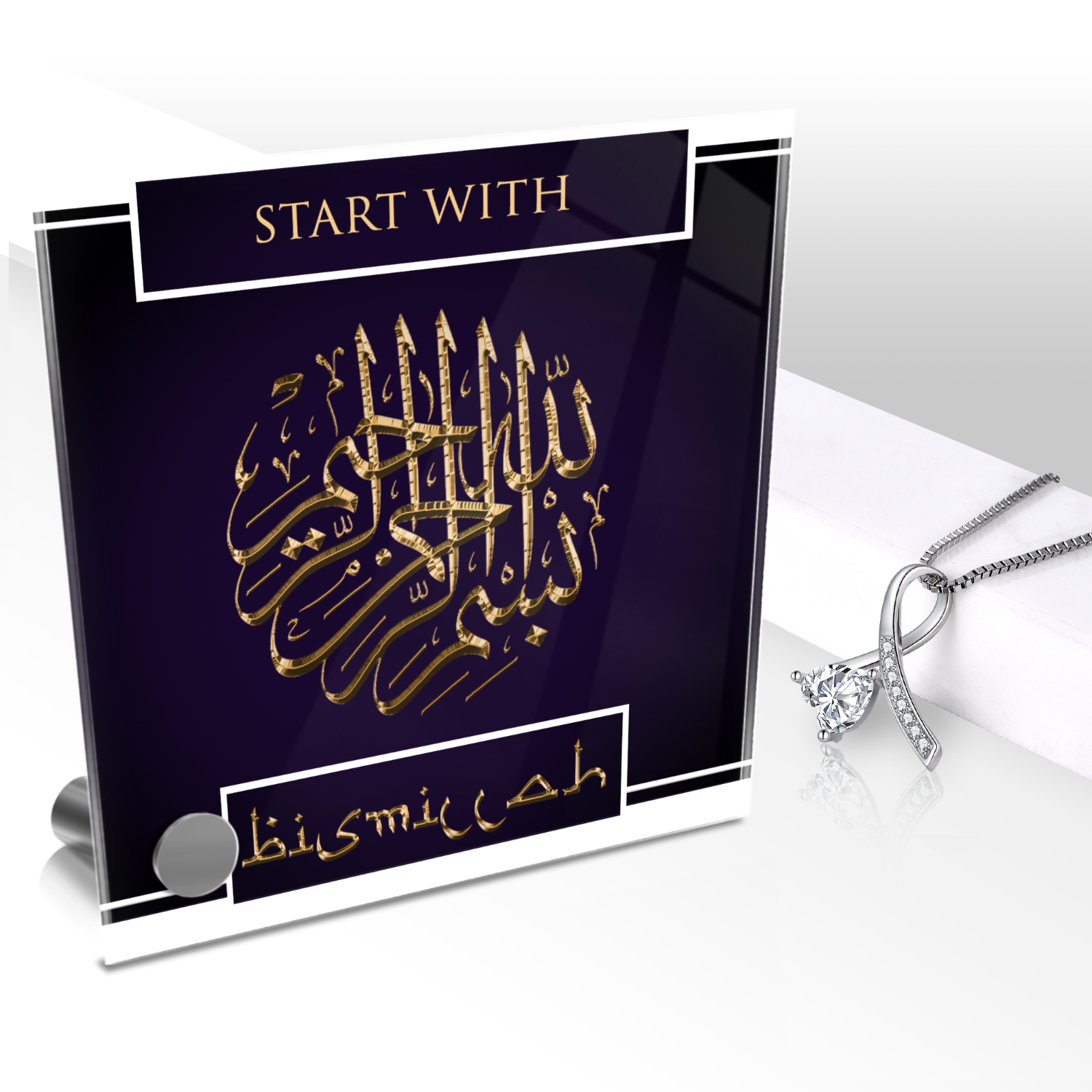 Start With Bismillah Necklace and Lumen Glass Display