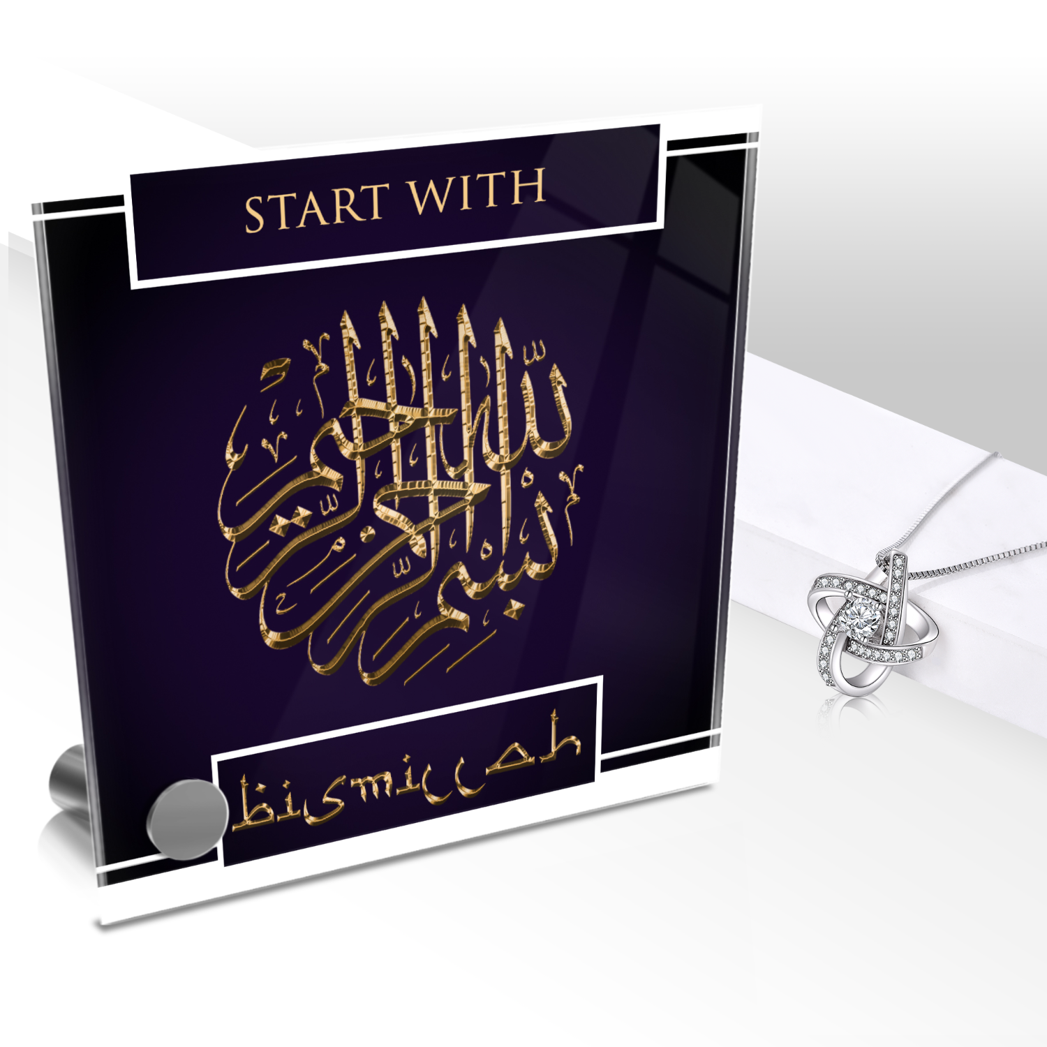 Start With Bismillah Necklace and Lumen Glass Display