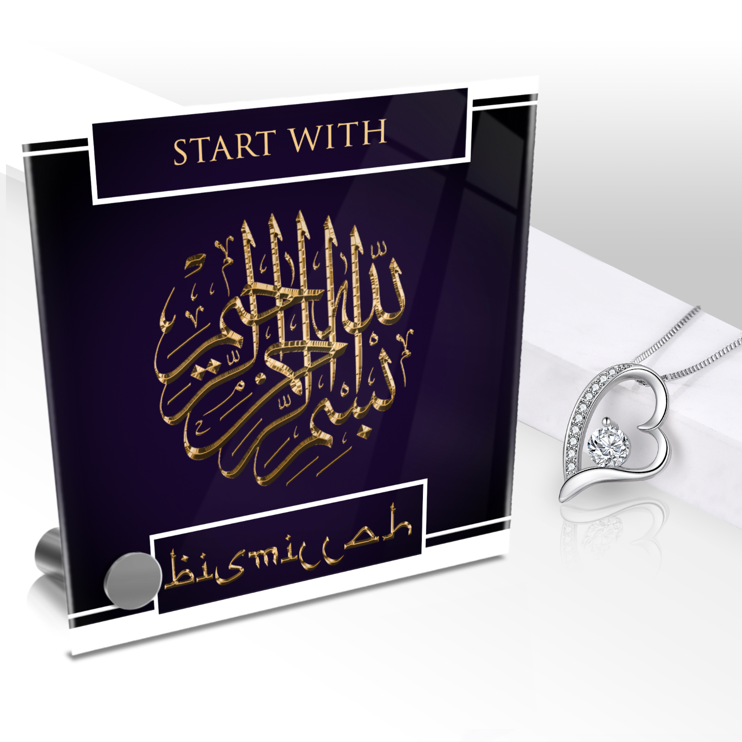 Start With Bismillah Necklace and Lumen Glass Display