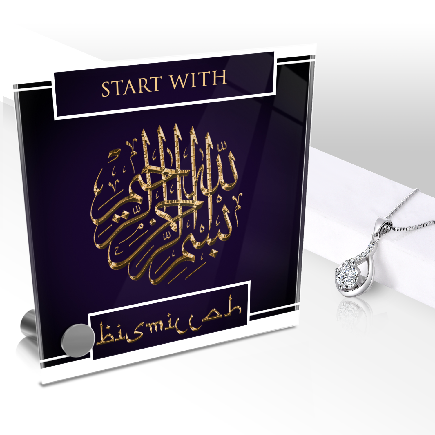 Start With Bismillah Necklace and Lumen Glass Display