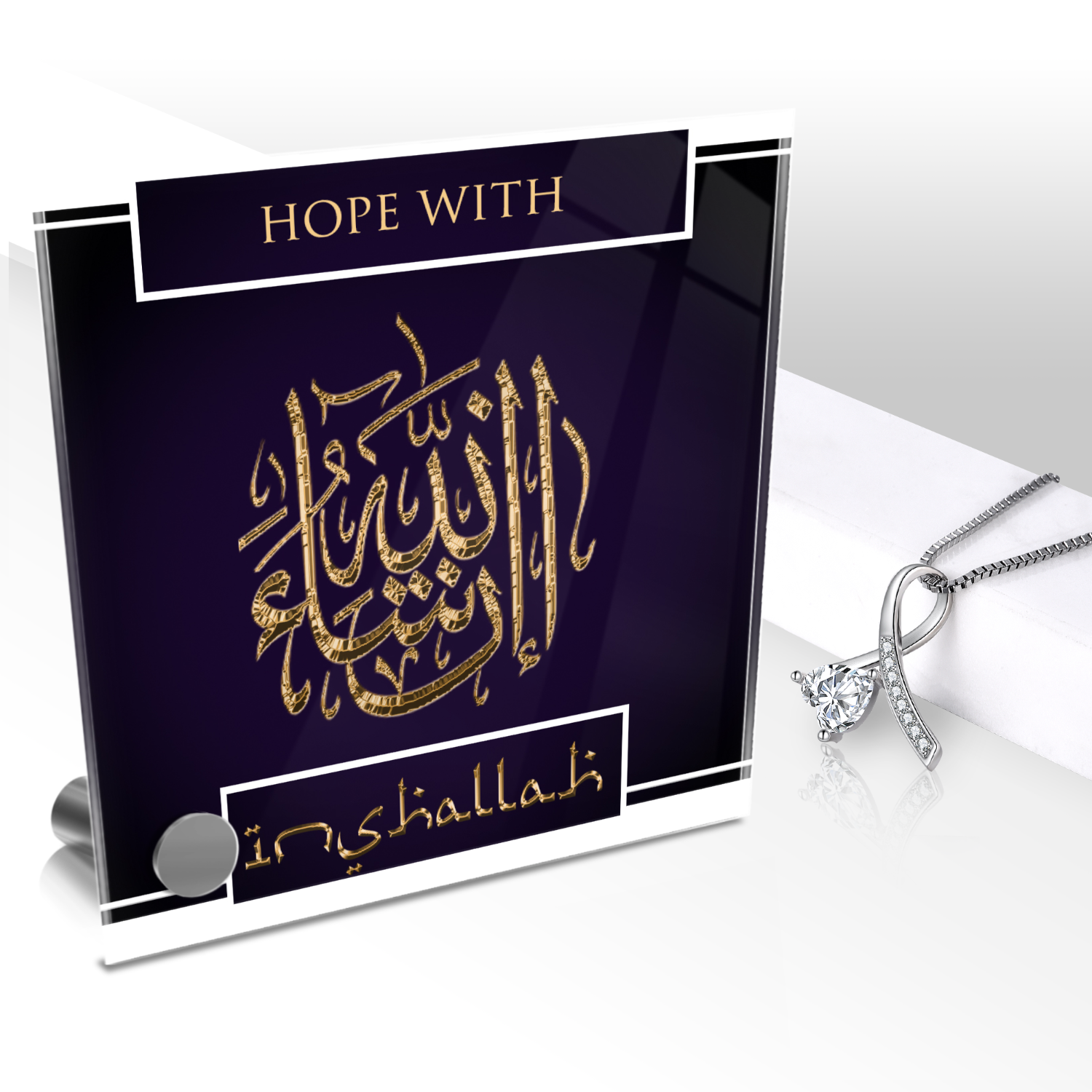 Hope With Inshallah Necklace and Lumen Glass Display