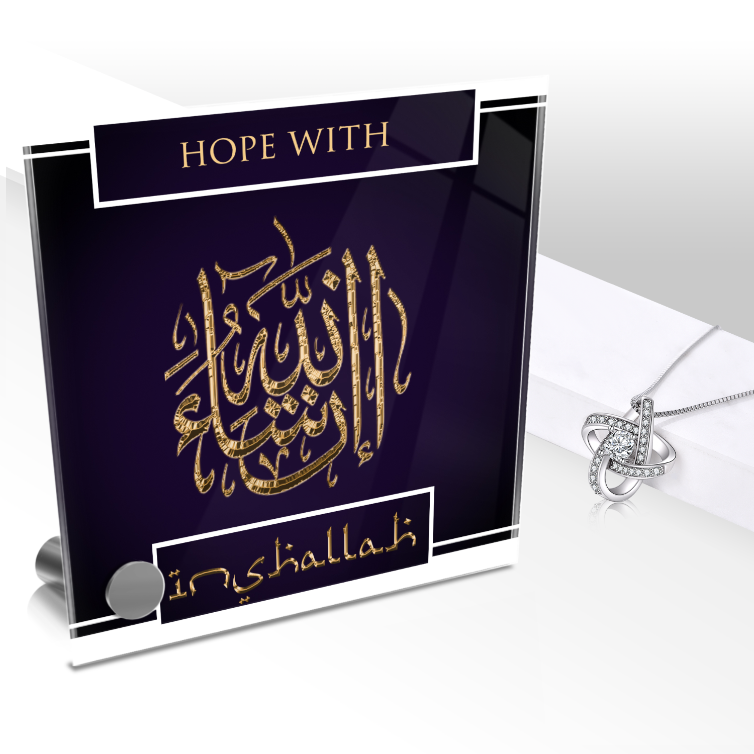 Hope With Inshallah Necklace and Lumen Glass Display