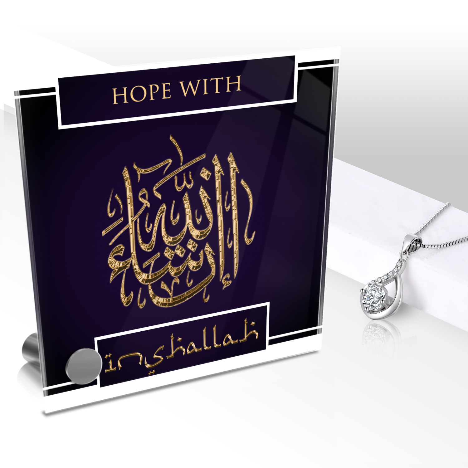 Hope With Inshallah Necklace and Lumen Glass Display