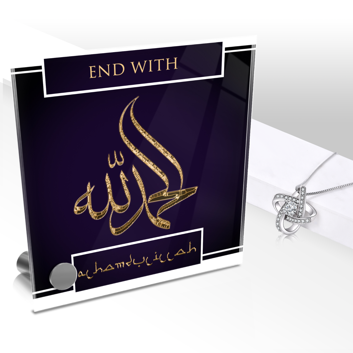 End With Alhamdulillah Necklace and Lumen Glass Display