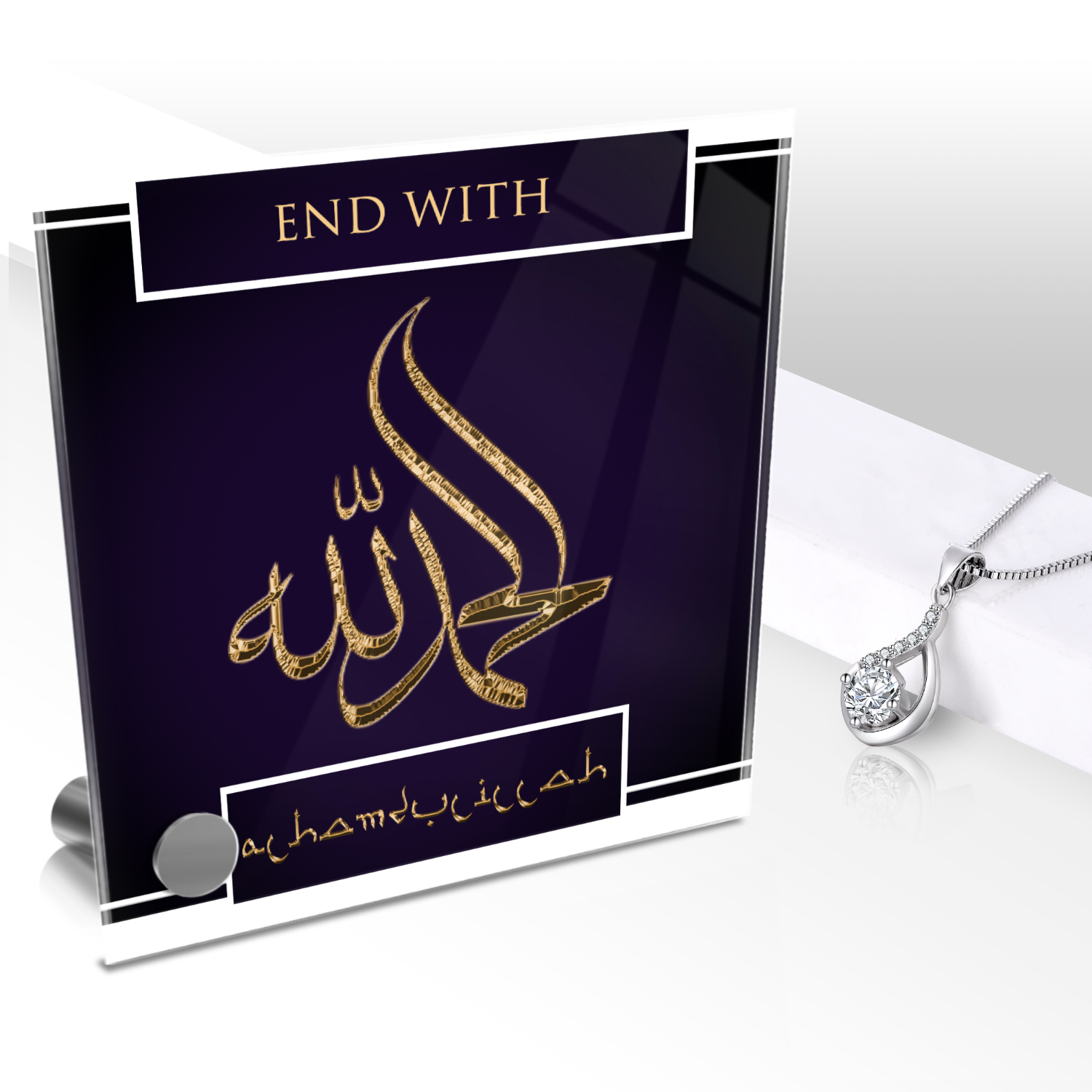 End With Alhamdulillah Necklace and Lumen Glass Display